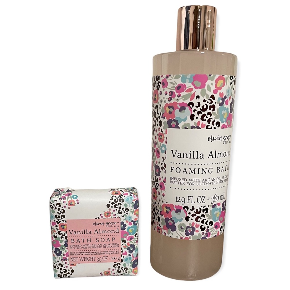 NWT Olivia Grace Vanilla Almond Scented Foaming Bath & Bath Bar Soap Set Sealed